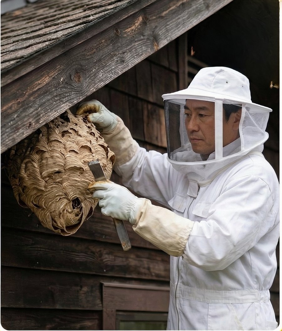 ハチ駆除の専門スタッフが防護服を着用して蜂の巣を駆除している様子